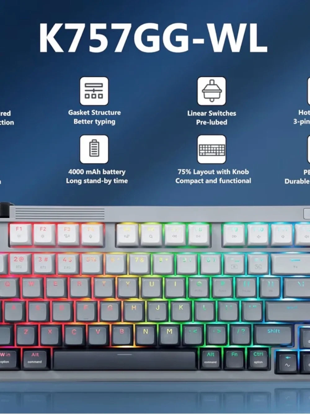 Redragon Wireless Mechanical Keyboard 75% RGB Hot Swap Knob PBT Gray